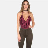Burgundy V-Neck Ruffle Bodysuit